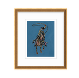 Rodeo Roper Fine Art Print showing a cowboy in dynamic action at a rodeo, by Chelsea McShane