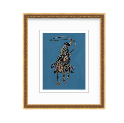 Rodeo Roper Fine Art Print showing a cowboy in dynamic action at a rodeo, by Chelsea McShane