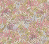 Dense floral pattern on blush background featuring clusters of white, pink, and lavender flowers with green and mustard foliage in a painterly style.