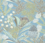 Detailed botanical pattern of protea flowers and intricate leaves in soft greens, whites, and browns on a muted spa blue background.
