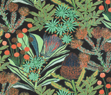 Intricate botanical pattern with green leaves, orange spiky flowers, and red berries on a black background, showcasing detailed line work and vibrant colors.