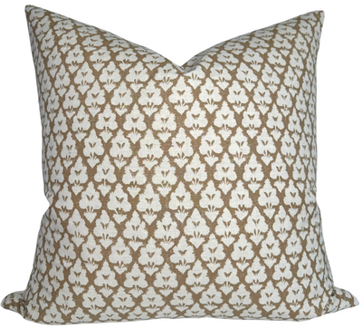 Decorative Arboreta Pillow Cover in brown on sofa with ribbed linen backing