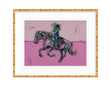 Cowgirl Soul Fine Art Print featuring a cowgirl riding her horse, with Western scenery.