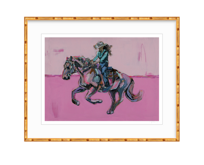 Cowgirl Soul Fine Art Print featuring a cowgirl riding her horse, with Western scenery.