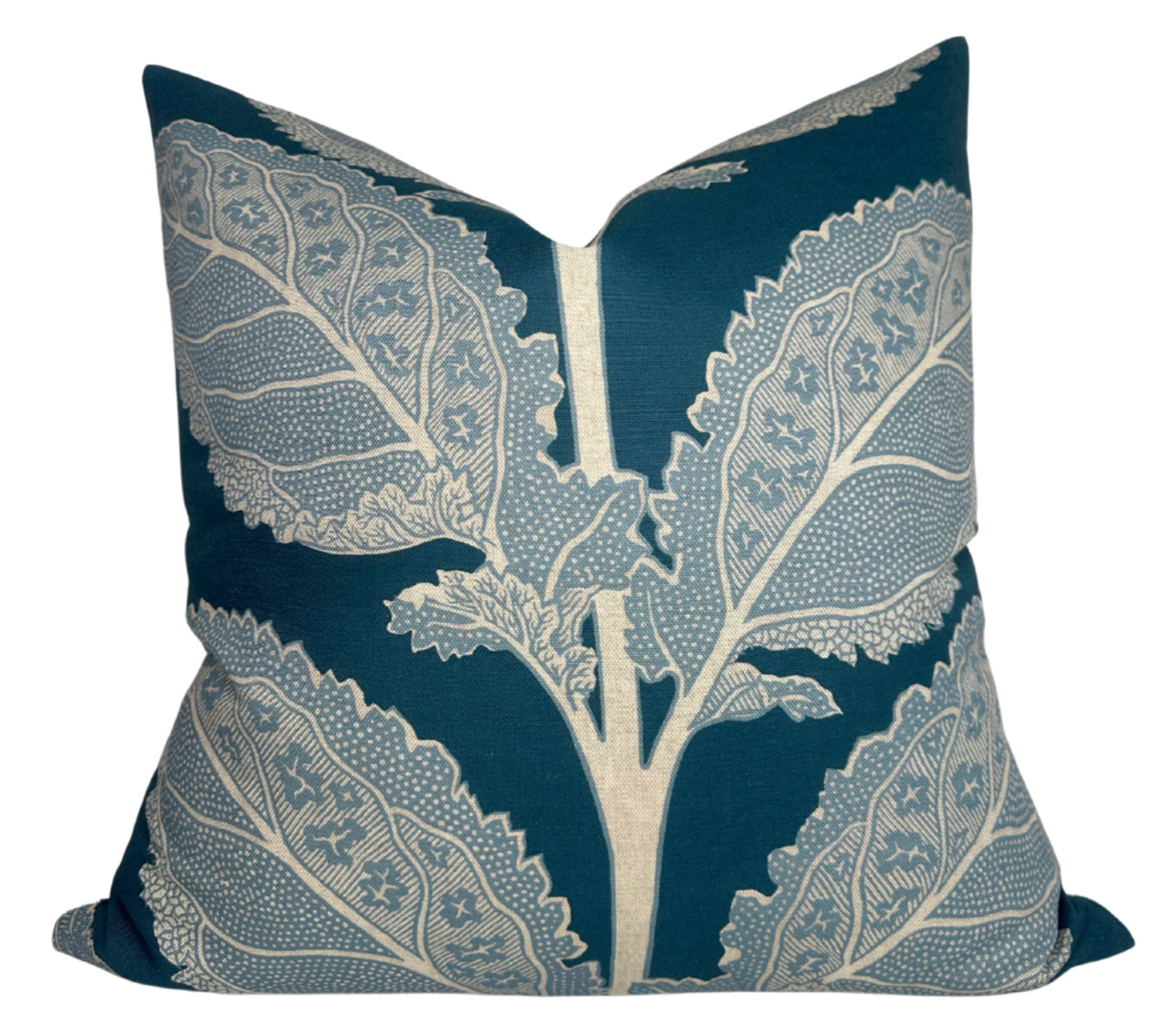 Lacinato Pillow Cover in Mineral Blue showing blue patterned front and ivory linen backing