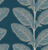 Mineral blue pillow cover featuring an intricate botanical pattern with stylized leaves outlined in delicate beige and light blue details.