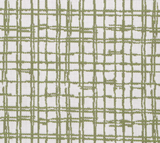 Close-up of woven fabric with an irregular sage green grid pattern on a white background, showing texture and hand-drawn style lines.