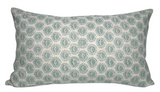 Lyon Pillow Cover in Celadon showing the printed front fabric and ivory linen back