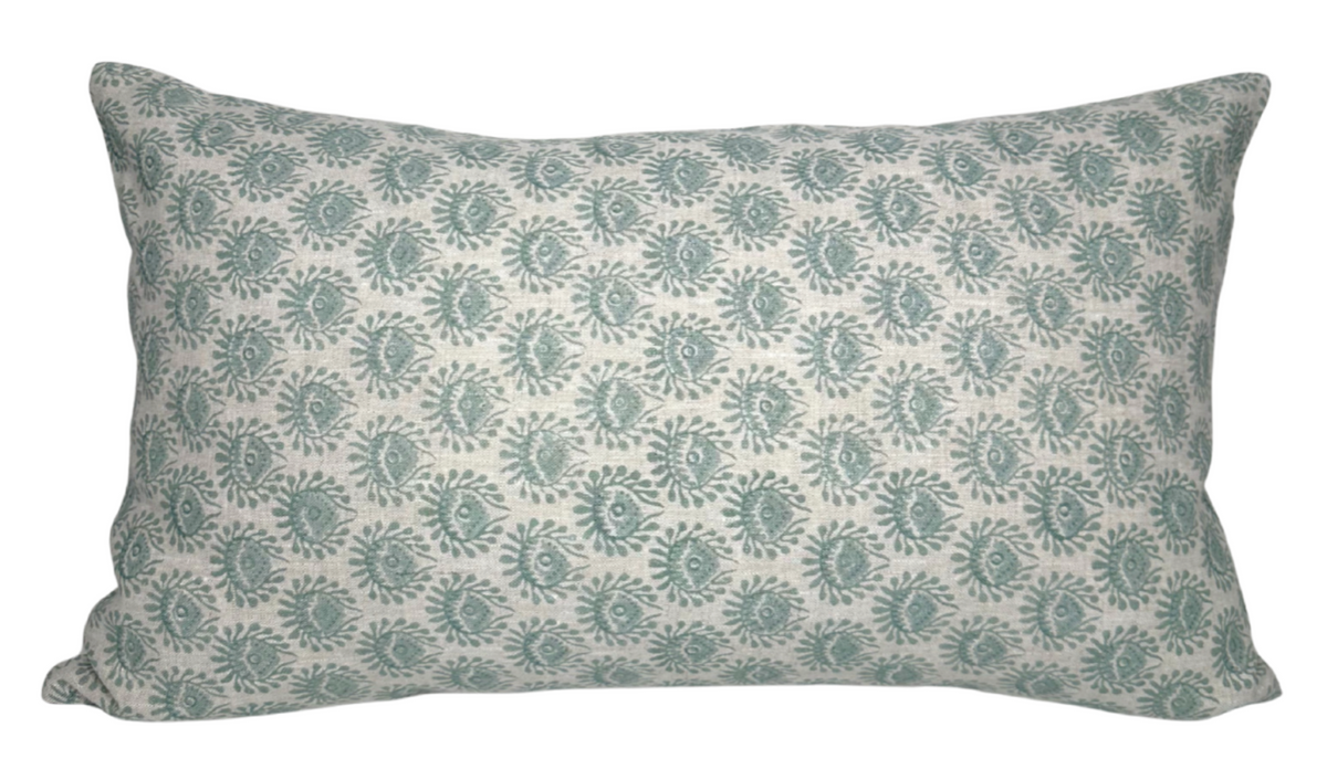 Lyon Pillow Cover in Celadon showing the printed front fabric and ivory linen back