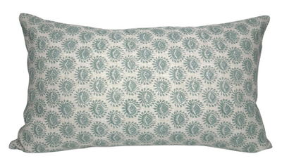 Lyon Pillow Cover in Celadon showing the printed front fabric and ivory linen back