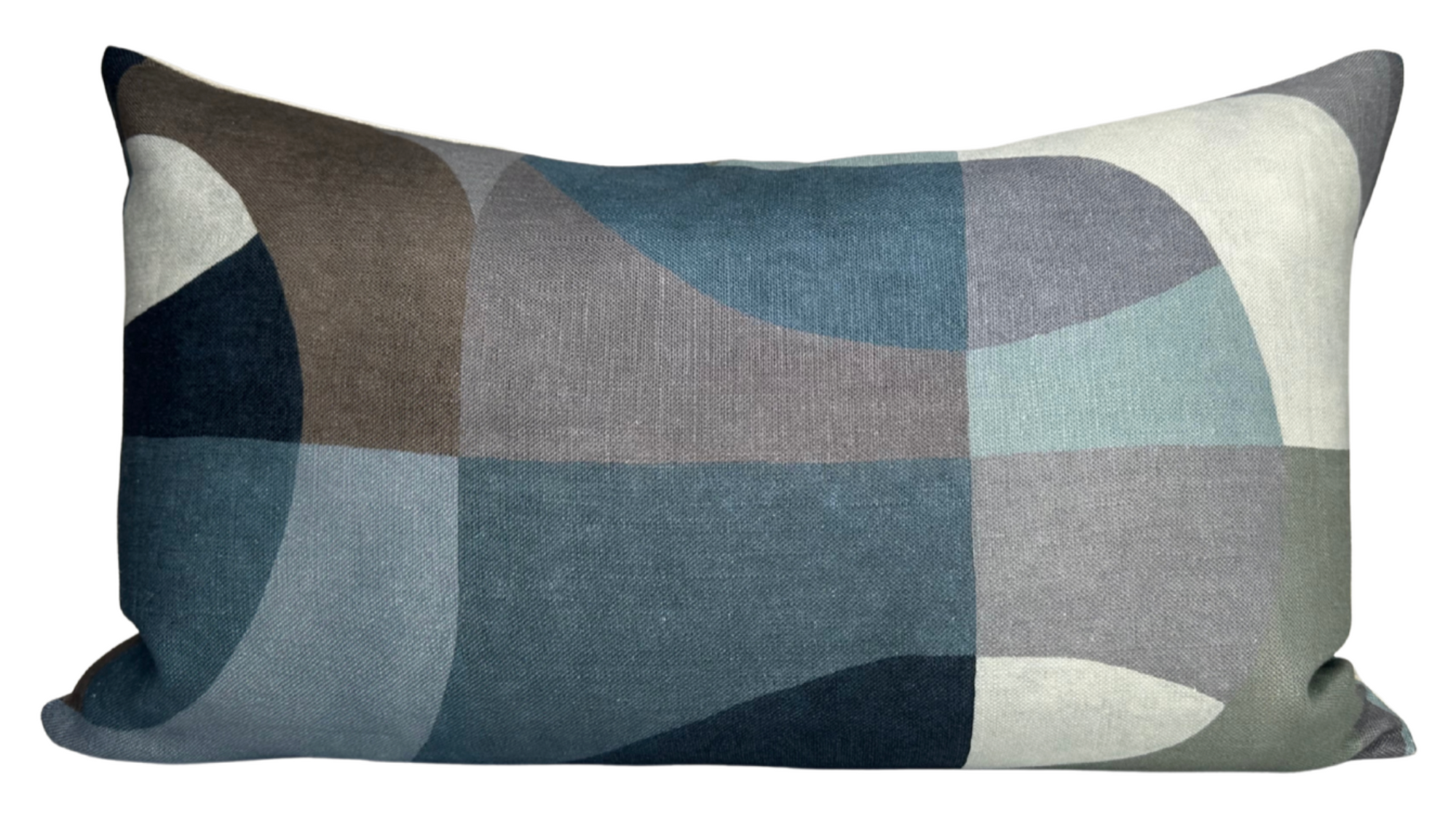 Colonnade Pillow Cover in Blue displayed on a sofa showing blue patterned front and ivory linen back