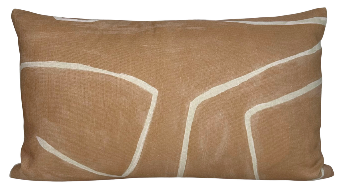 Rectangular pillow cover in muted salmon brown with abstract cream linear patterns creating intersecting curved shapes across its surface.