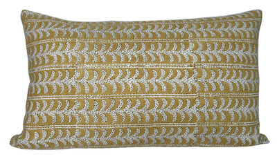 Luxor Pillow Cover in Saffron displaying the saffron printed front and ivory linen back fabric