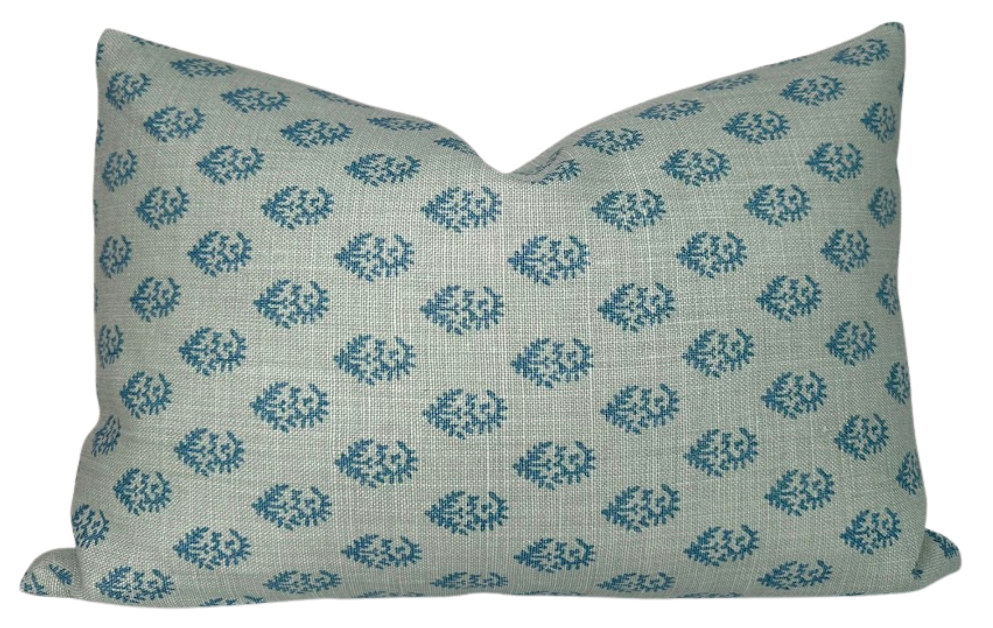 Rajmata pillow cover in blue and ivory linen on a neutral surface