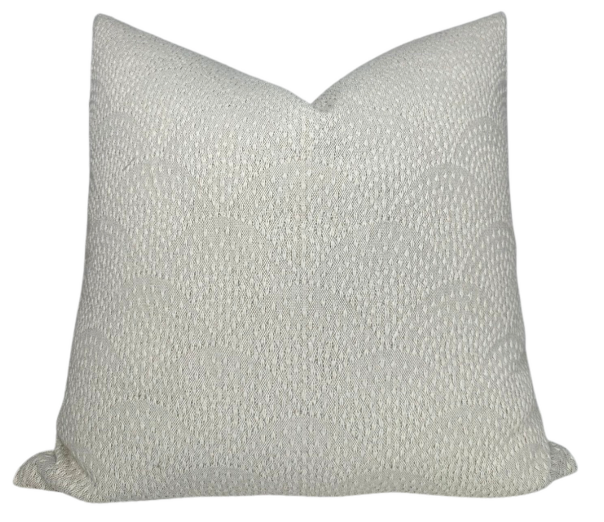 Inverse Scalloped Woven Pillow Cover showing scalloped woven pattern on front and ivory linen fabric on back