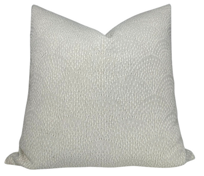 Inverse Scalloped Woven Pillow Cover showing scalloped woven pattern on front and ivory linen fabric on back