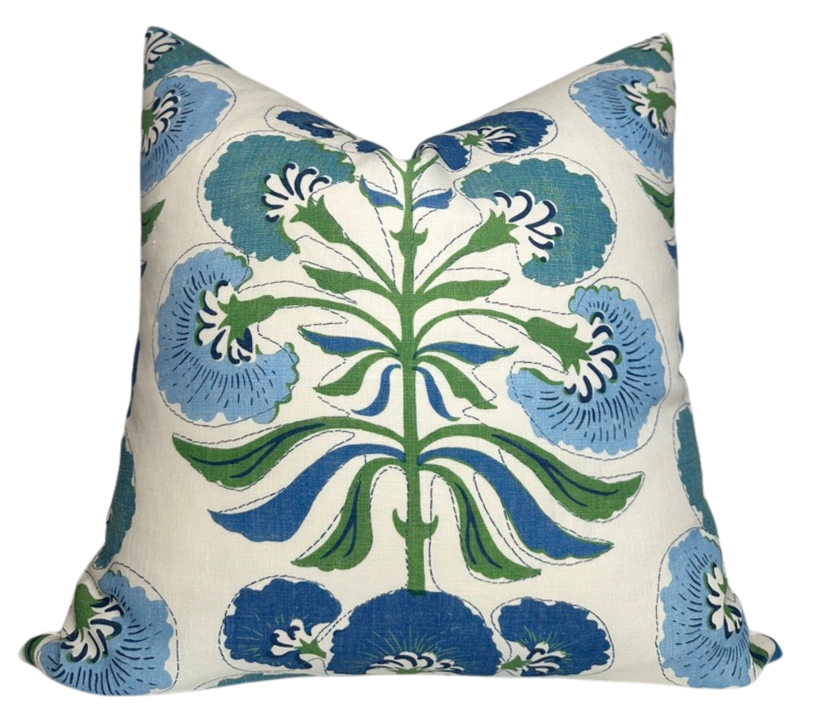Tybee Tree Pillow Cover in Blue + Green showing floral printed front and ivory linen back