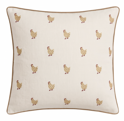 Chicken Woven Pillow Cover in Ivory with Betsy Chicken embroidered fabric front and ivory linen back