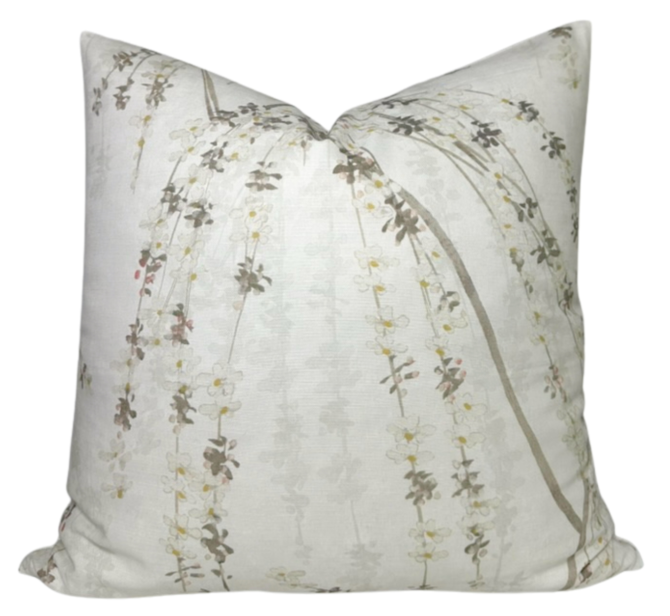 Weeping Blossom Pillow Cover in Beige showing floral print front and ivory linen back