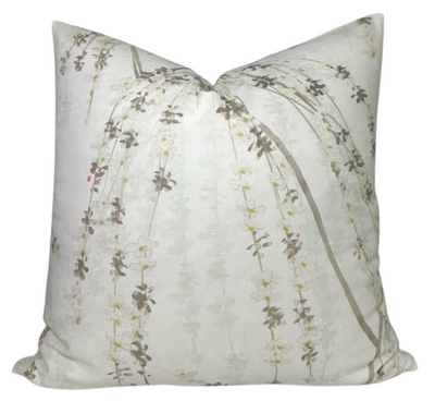 Weeping Blossom Pillow Cover in Beige showing floral print front and ivory linen back