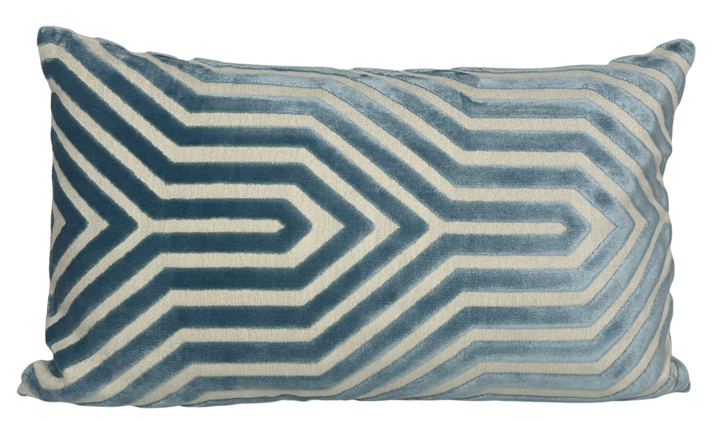 Close-up of Vanderbilt Velvet Pillow Cover in Marine showing velvet front and ivory linen back with invisible zipper