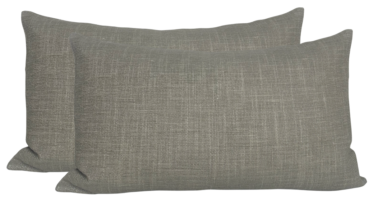 Pair of rectangular taupe linen pillow covers with subtle woven texture and small fold details at corners