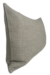 Rectangular taupe linen pillow cover with visible woven texture and neatly stitched edges, shown from a side angle on a white background.