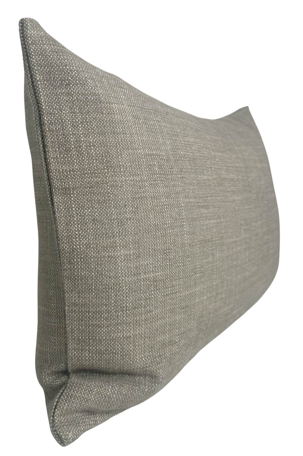Rectangular taupe linen pillow cover with visible woven texture and neatly stitched edges, shown from a side angle on a white background.
