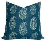 Kashmir Paisley Floral Pillow Cover in Indigo Blue by DEKOWE displayed with indigo paisley pattern and ivory linen reverse