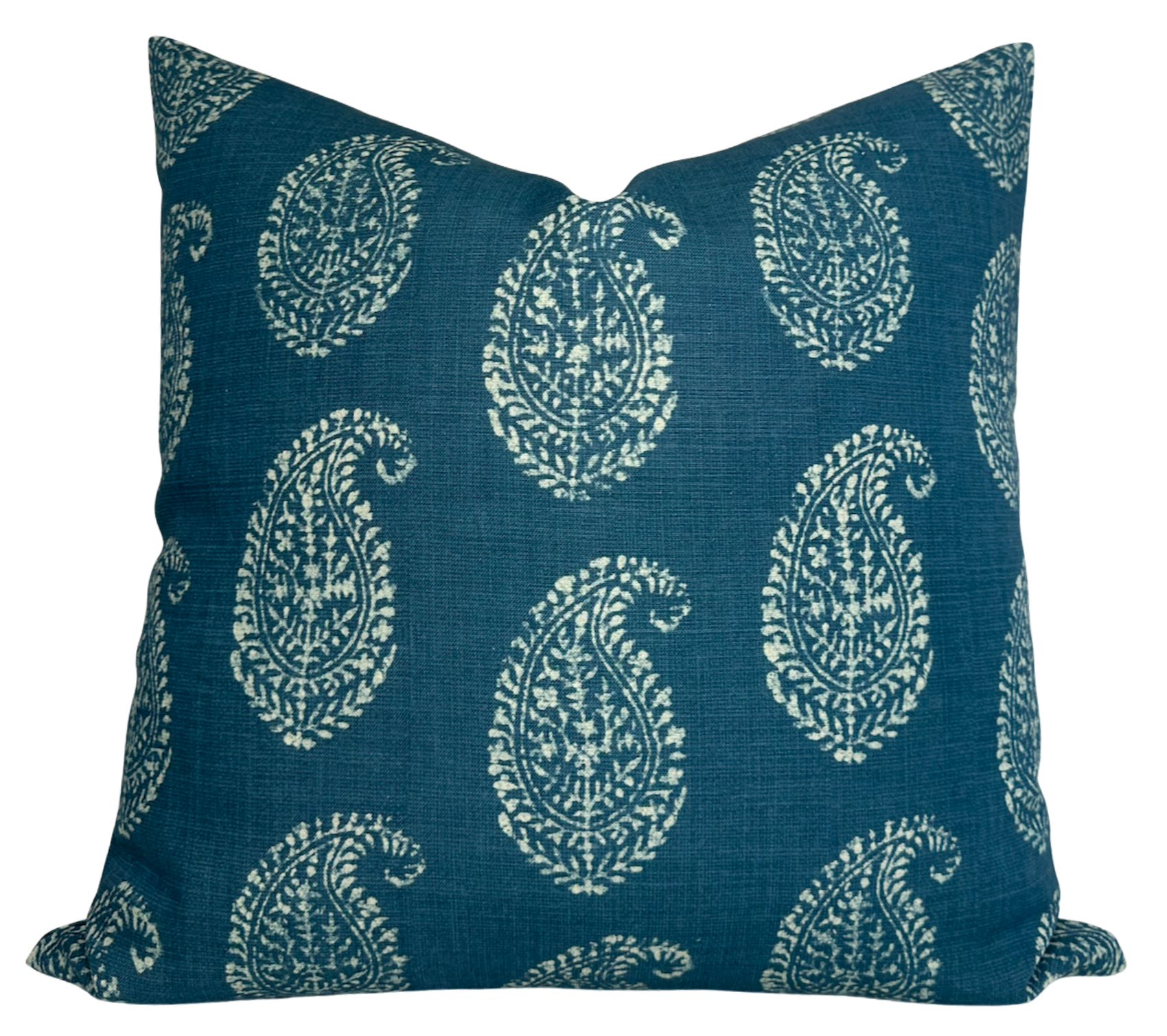 Kashmir Paisley Floral Pillow Cover in Indigo Blue by DEKOWE displayed with indigo paisley pattern and ivory linen reverse