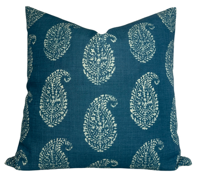 Kashmir Paisley Floral Pillow Cover in Indigo Blue by DEKOWE displayed with indigo paisley pattern and ivory linen reverse