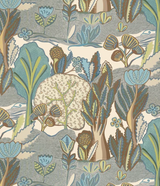 Patterned fabric with stylized trees and plants in sage green, beige, blue, and brown hues creating a botanical landscape with varied foliage shapes.