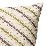 Close-up of a pillow corner featuring a repeating pattern of curved shapes in olive green and muted brown on an off-white background.