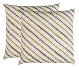 Two square pillow covers with diagonal repeating chain patterns in olive green and gray on a white background.