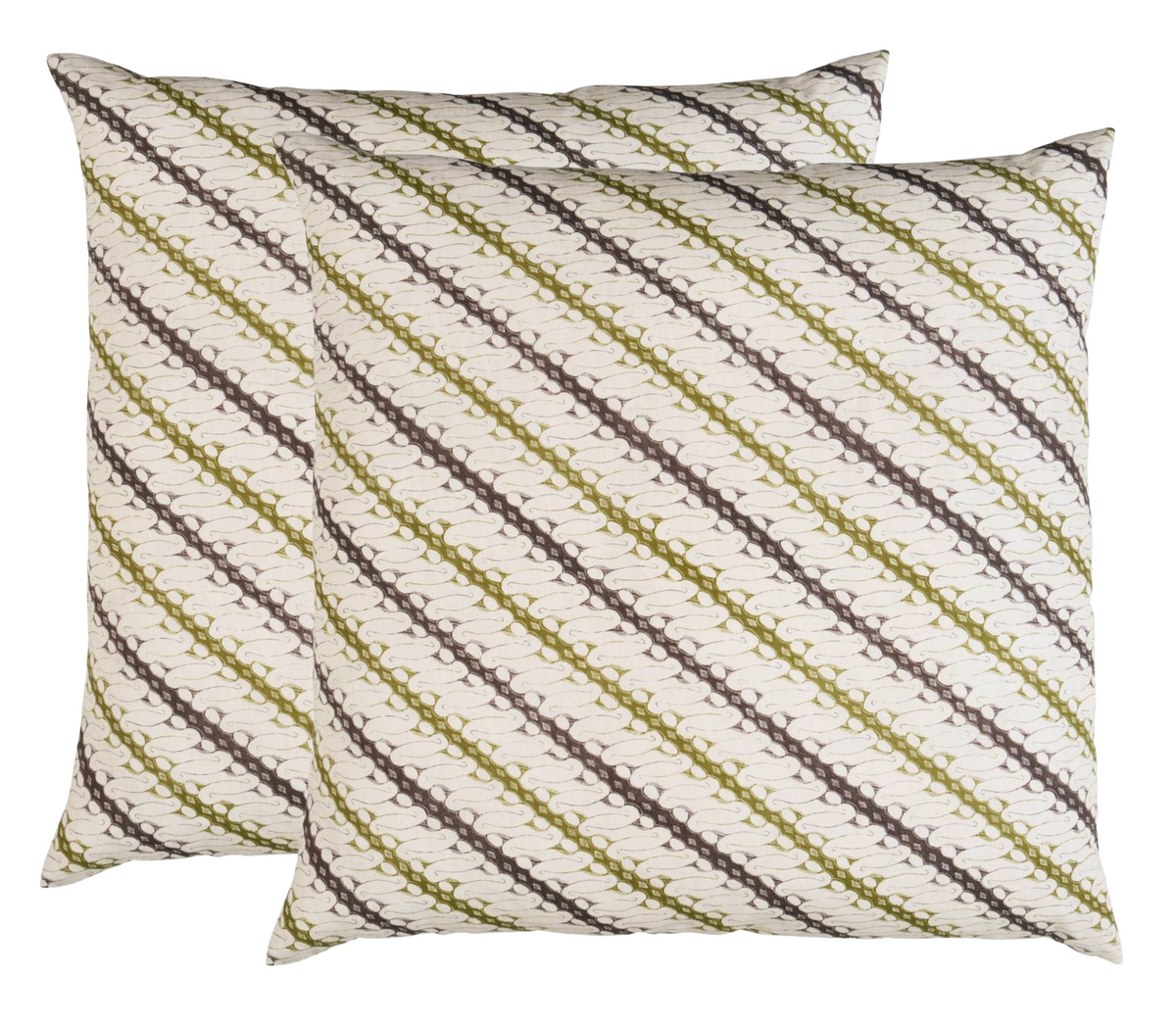 Two square pillow covers with diagonal repeating chain patterns in olive green and gray on a white background.