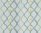 Fabric pattern with vertical wavy lines in blue and green, featuring diamond shapes filled with small teardrop motifs on a light background.
