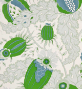 Pattern of stylized green and blue floral pods with white leafy vines on a pale grey background, showcasing intricate botanical shapes and delicate details.