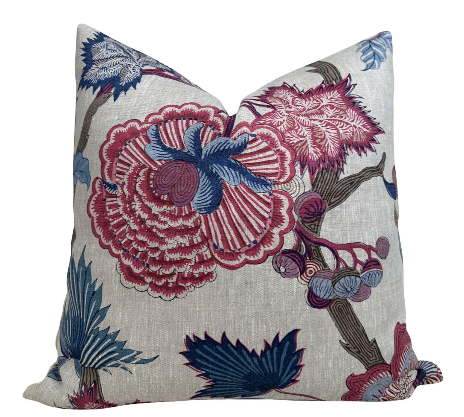 Indienne Jacobean Pillow Cover showing raspberry and blue floral print front and ivory linen back