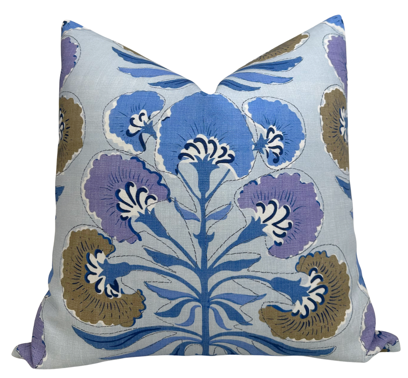 Tybee Tree Pillow Cover in Lavender and Blue, showing floral print front and ivory linen back