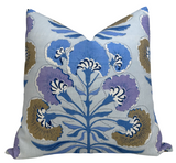 Tybee Tree Pillow Cover in Lavender and Blue, showing floral print front and ivory linen back