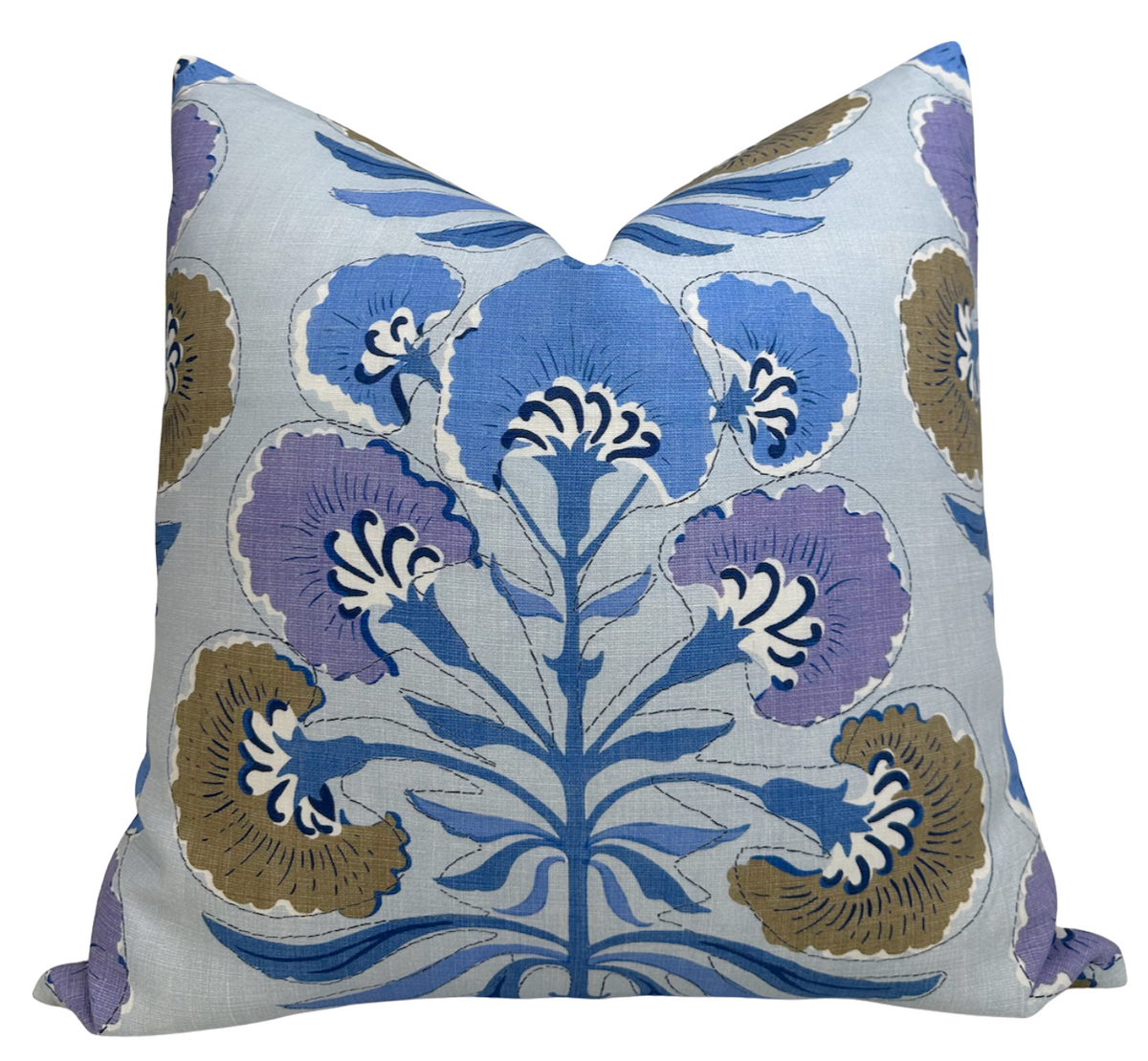 Tybee Tree Pillow Cover in Lavender and Blue, showing floral print front and ivory linen back