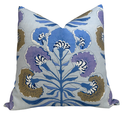 Tybee Tree Pillow Cover in Lavender and Blue, showing floral print front and ivory linen back