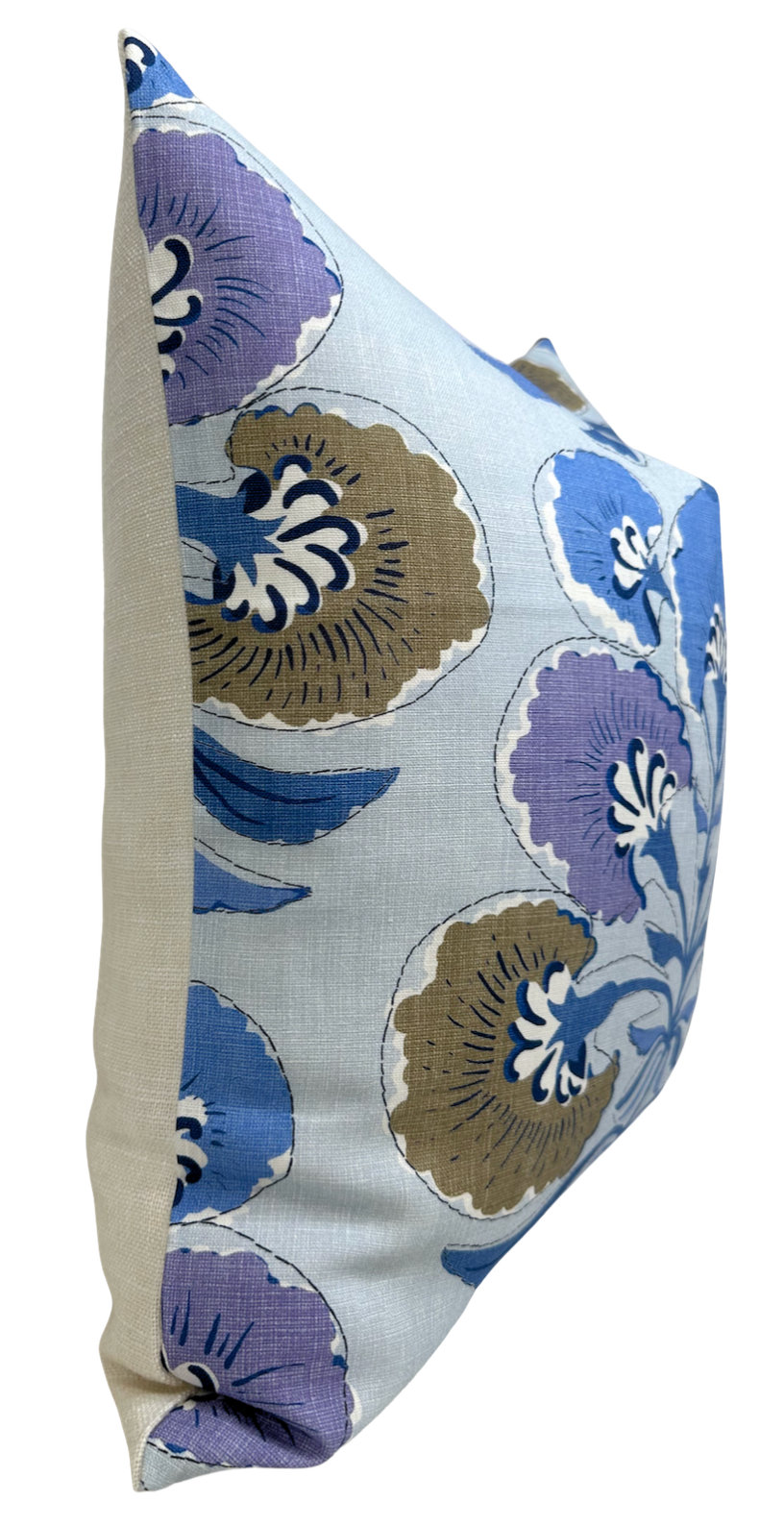 Square pillow with cream-colored back and front featuring large lavender, blue, and tan floral patterns with dark blue leaves on a light background.