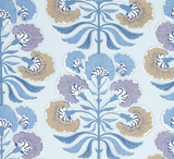 Floral pattern with lavender, blue, and beige petals and stylized blue stems on a light background, featured on the Tybee Tree pillow cover.