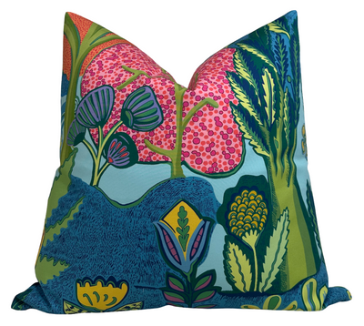 Albero Pillow Cover in Blue showing floral pattern design and ivory linen back