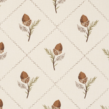 Cream fabric with a repeating pattern of brown acorn-like shapes and green leafy sprigs inside diamond shapes formed by small brown dots.