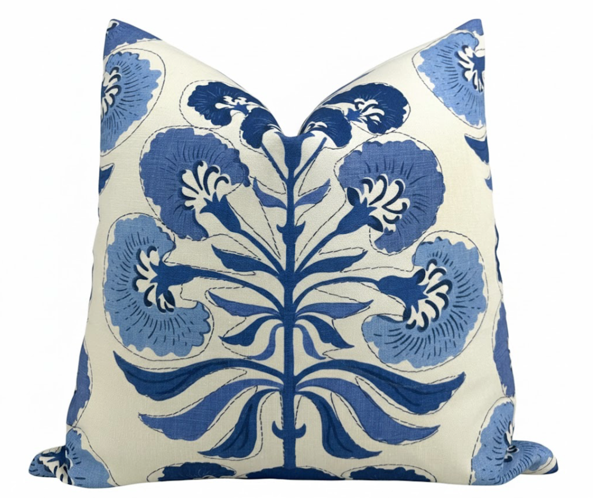 Tybee Tree Pillow Cover showing blue floral pattern on white linen fabric
