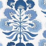 Blue and light blue stylized floral pattern on white fabric, featuring symmetrical petals and leaves radiating from a central stem in a decorative design.