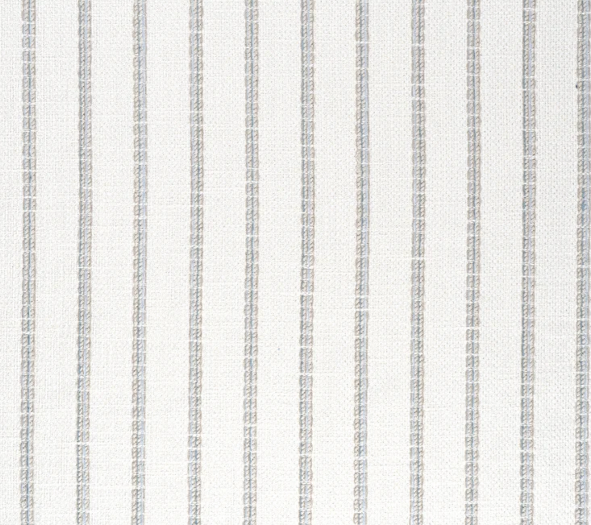 Close-up of Oak Creek Pillow Cover fabric in Glacier featuring a white background with evenly spaced thin gray vertical stripes in a textured weave.