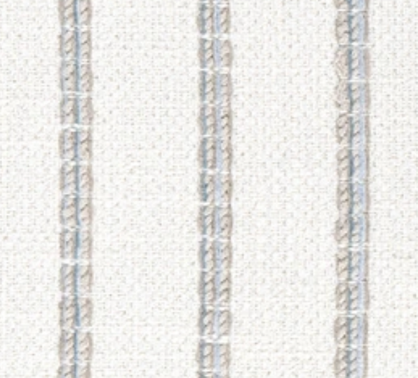 Close-up of off-white fabric with a textured woven pattern featuring vertical stripes in soft gray and blue tones.
